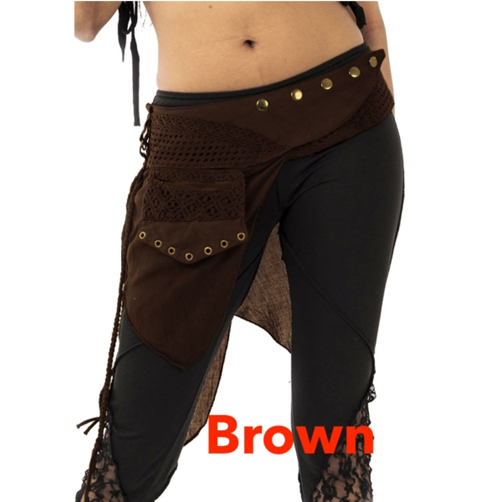 Heupriem met twee zakken en gehaakte details bruin - Hippie Elf Fantasy - Gekko